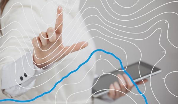 Geographic information systems concept, woman scientist working with futuristic interface in GIS software on a transparent screen.