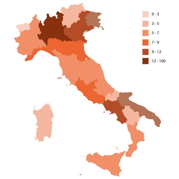 Map graphic showing ISPRA data soil consumption in Italy, in percent, according to 2022 data.