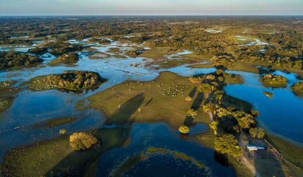 Aerial view of land areas surrounded by water.