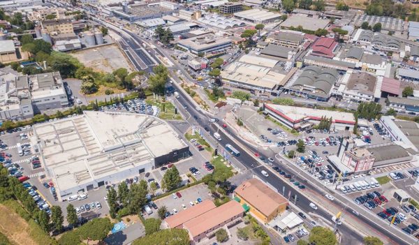 Aerial view of Via Tiburtina, Rome's road to Tivoli. Here the section before the junction near the suburban neighborhood of San Basilio.