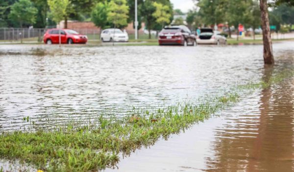 Stormwater flooding a road with stalled cars in the background