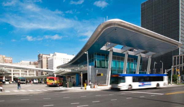 Transit buses at a station in downtown Indianapolis