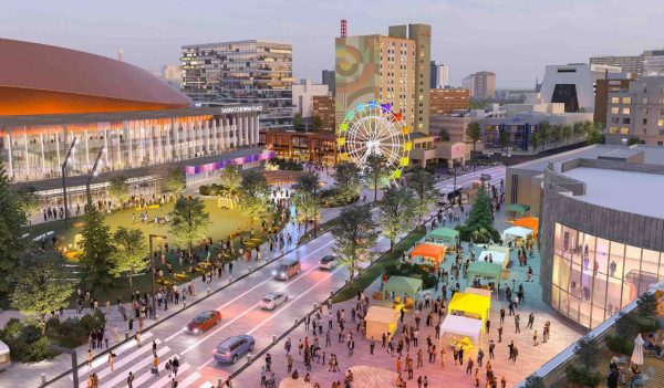 Aerial rendering of a city street with people, street vendors, feriswheel, and buildings