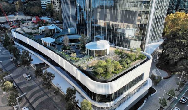 Overhead view of the building with rooftop outdoor space and plantings