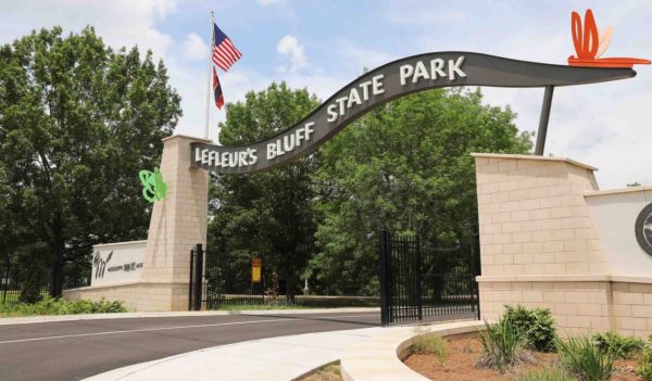 Front entrance gate to LeFleurs Bluff Park with enhanced landscaping.