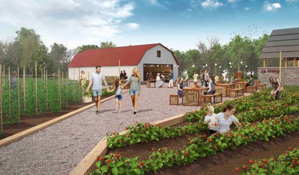 Rendering of community garden area and public buildings.