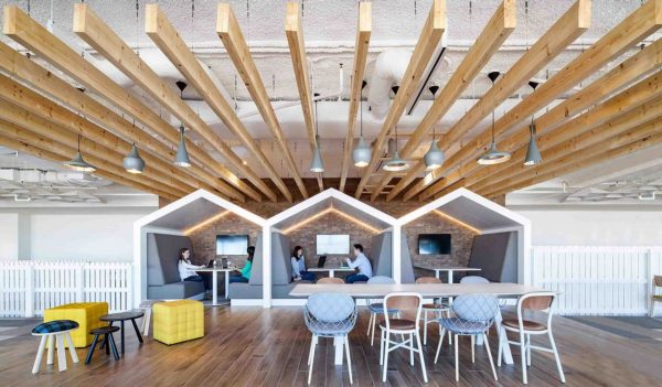 Interior view of collaboration space with meeting pods.