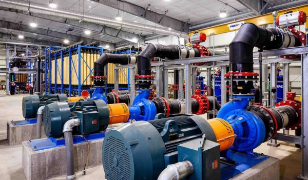 Interior mechanical room at water treatment plant. 