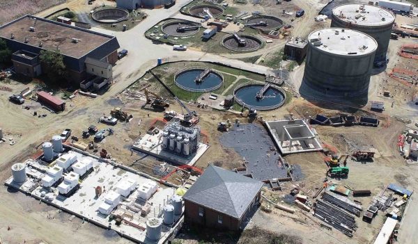 Aerial view of WWTP facility under construction.