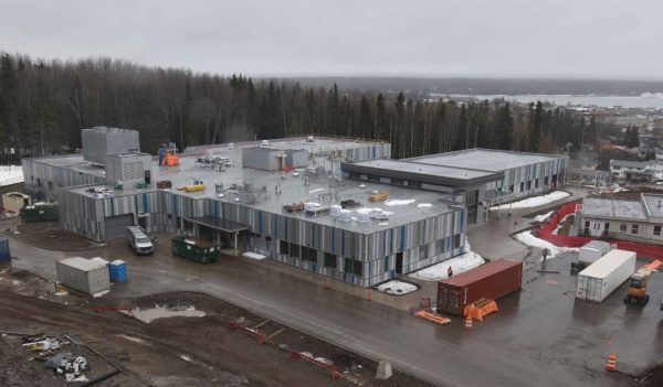 Exterior of hospital under construction.