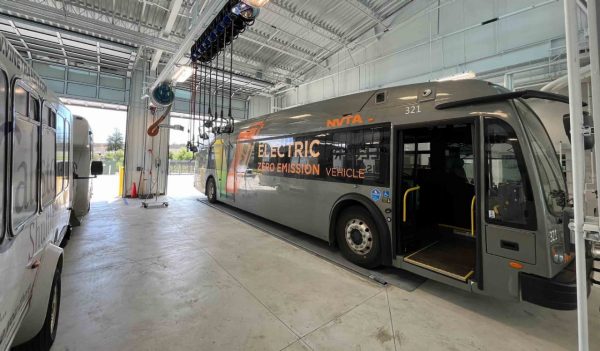 Buses parked in the maintenance garage