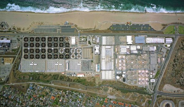 Aerial view of the water treatment facility on the coastline