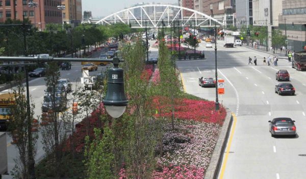 View of new roadway with landscaped boulevard.