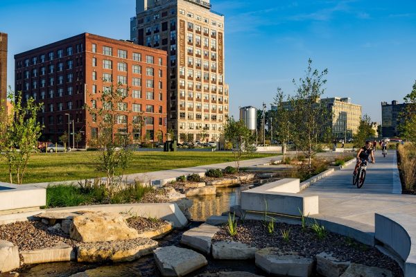 Rock area and plantings along the walk/bike path