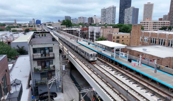 An overhead view of a train pulling into the station