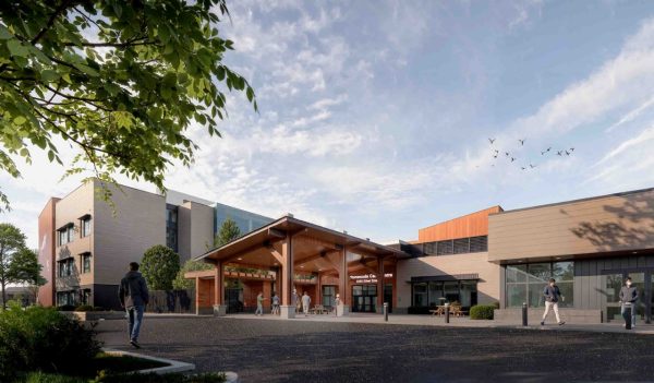 Rendering of the exterior building showing the main entrance, people, walkways, and plantings