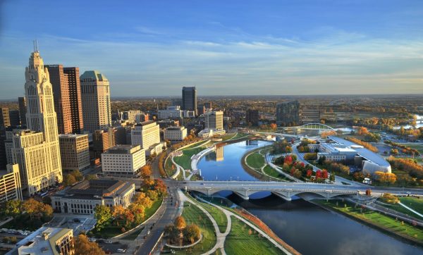 Aerial view of the city, river, bridge and greenway