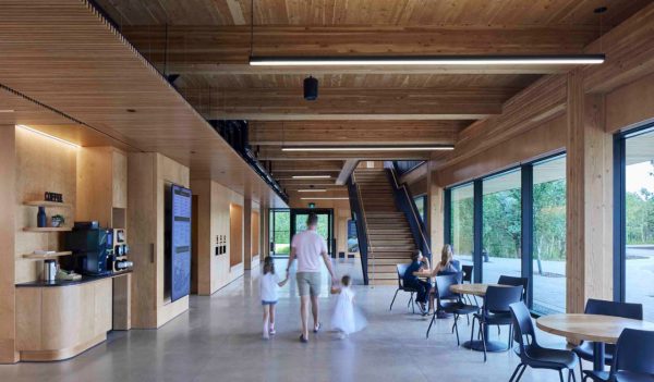 Interior lobby with seating and cafe station