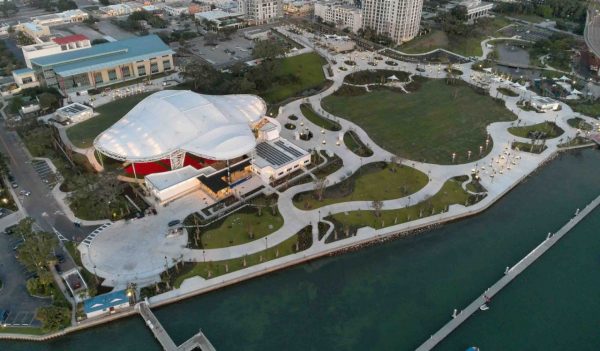 Aerial view of the park with paths, structure, and green space