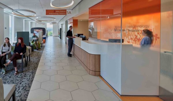 Reception area with desk and seating