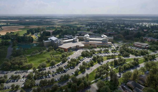 Aerial view of the hospital complex, parking, a green spaces