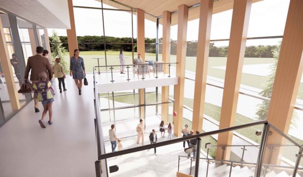 Rendering of interior stair case with multi-story window wall and views to the outdoors