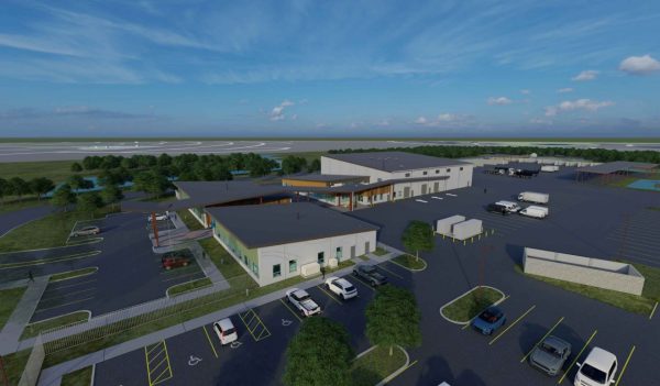 Overhead rendering of buildings and site with parking and plantings