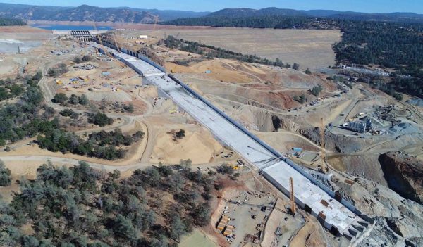 Aerial view of dam spillway construction