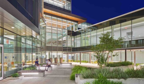 Exterior outdoor space between buildings with seating and plantings