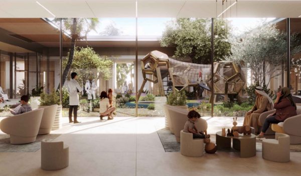 Open waiting area with seating and prople