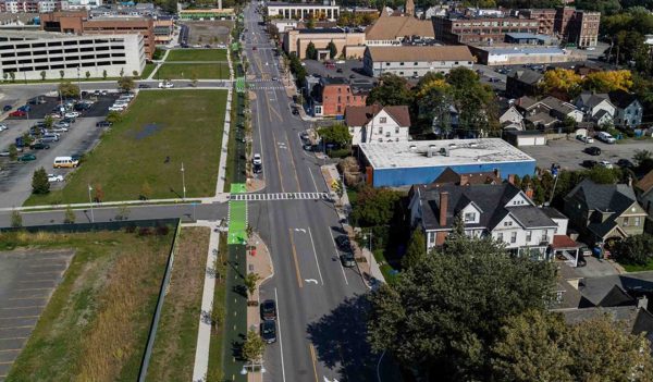 Aerial view of new roadway, including bike lane.