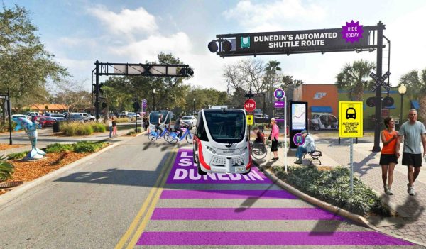 Rendering of the automated shuttle at a stop