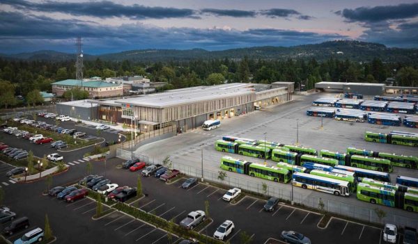 Aerial view of the buildings and bus and vehicle parking