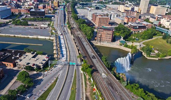 Overhead view of a major city roadway over a river