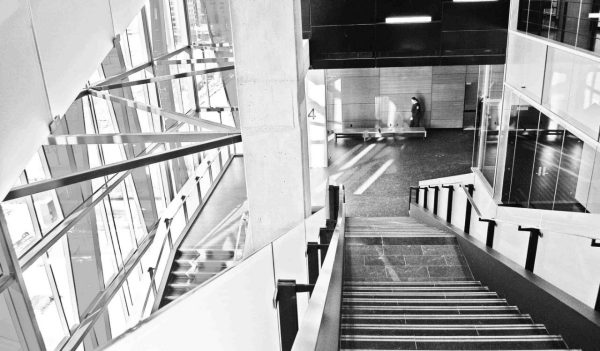 View going down staircase in main lobby