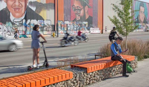 Benches and plantings on the street