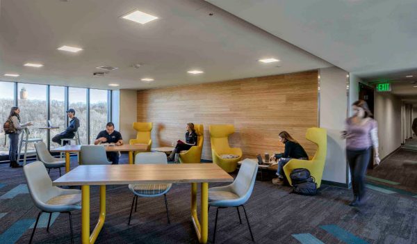 Student lounge area with windows and natural light.