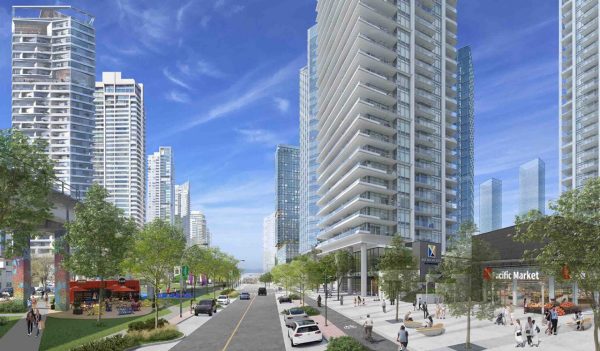 Rendering of the residential complex with people, plantings, and cars on the street