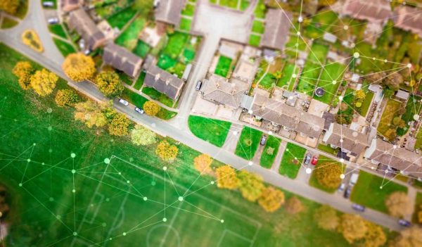 Aerial view of a sports playing field used for community matches