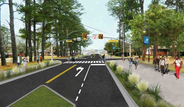 Rendering of the new Van Norden street design with wide sidewalks and plantings