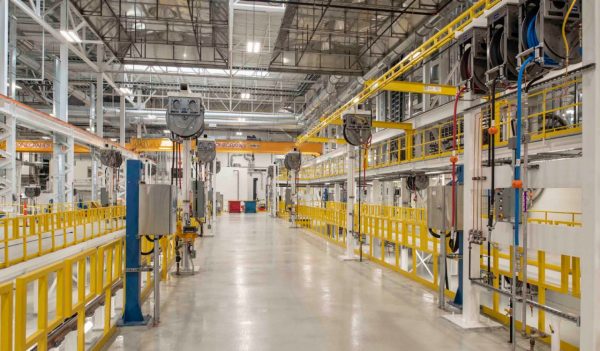 Interior maintenance bay with pulleys.