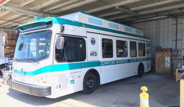 Bus parked in maintenance facility.