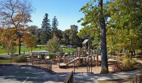 View children's playground equipment at a park.