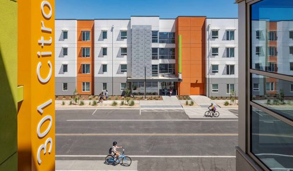 View of exterior of building housing from across the street.