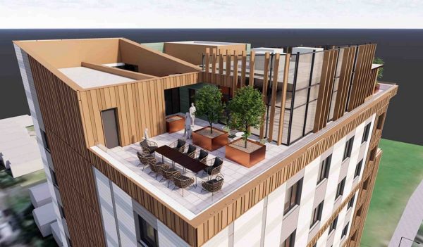 Exterior rendering of rooftop patio.