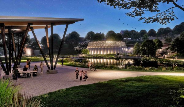 Rendering of the park at night with a water feature and overhead picnic structure