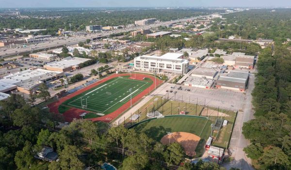 Aerial view of sports fields.