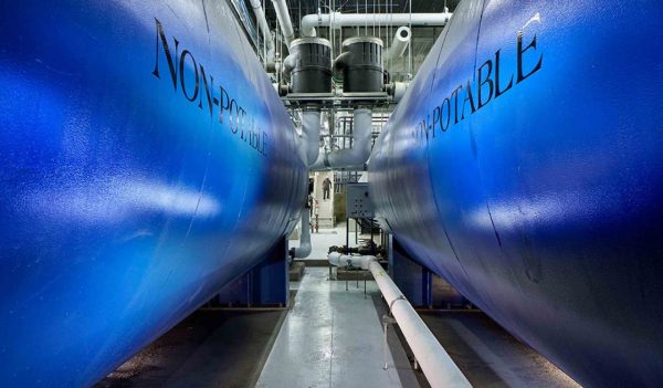 Water storage tanks in the mechanical room.