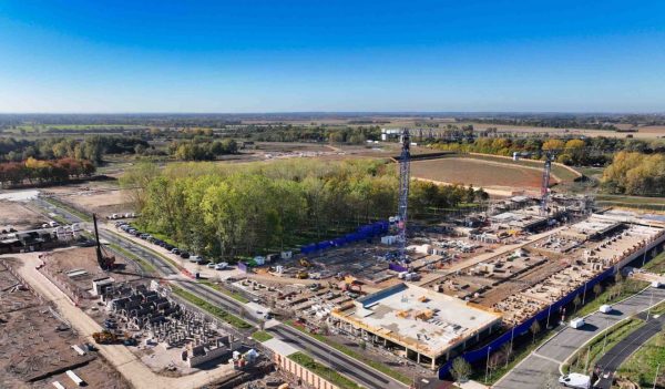 Aerial view of construction site for new roadway and bike paths.