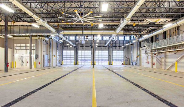 Interior of a maintenance facility bay.